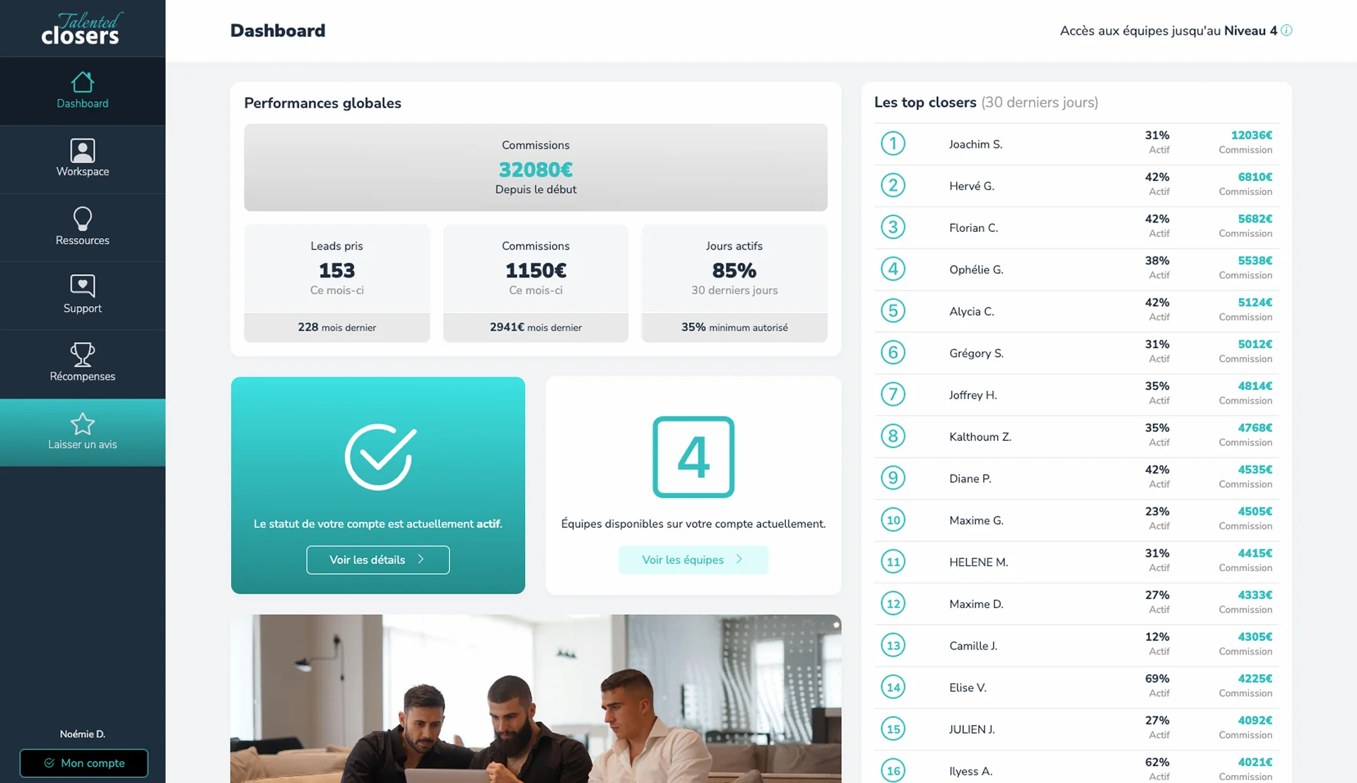 Tableau de bord Talented Closers - Interface de gestion commerciale et suivi de progression
