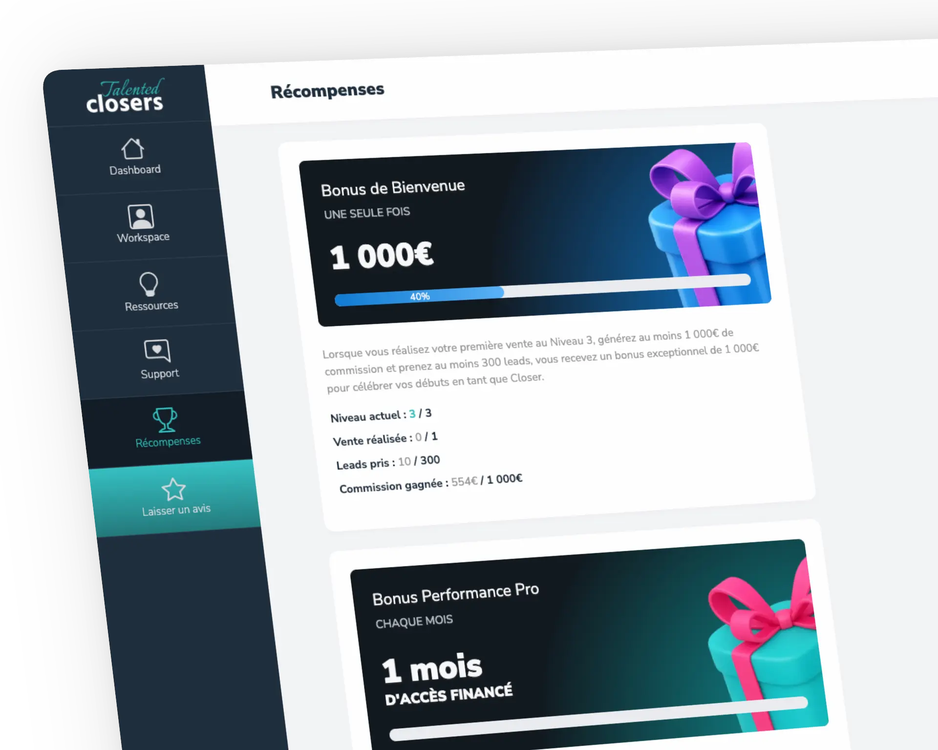 Système de récompenses Talented Closers - Progression et récompenses pour commerciaux